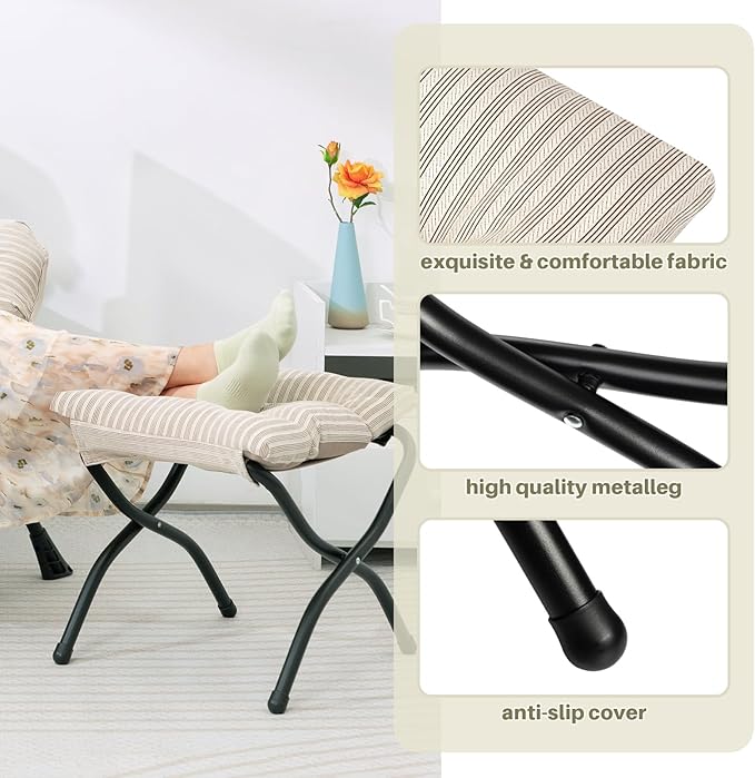 HollyHOME Lazy Chair with Foldable Ottoman, Accent Comfy Lounge Armchair and Folding Footrest Stool, Leisure Sofa Reading Chair and Footstool for Living Room, Bedroom, Dorm,Beige Stripe