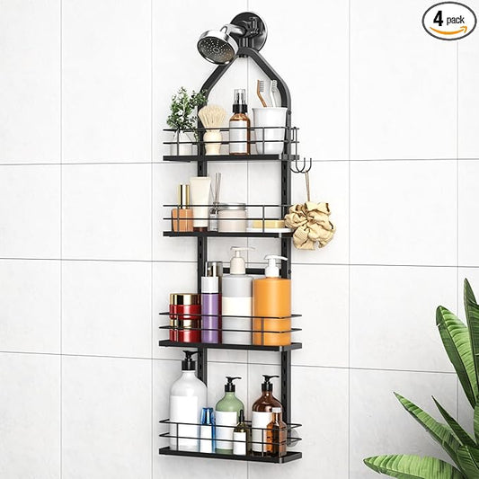 Shower Caddy Hanging (Black), Adjustable Anti-Swing-Over The Shower Head Caddy, 4 Tier Height Bathroom Storage Organizer Bathroom Shelves Basket Rack Shower Caddies (4Tier)