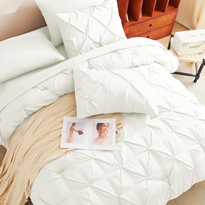 CozyLux Queen Comforter Set Ivory, 7 Pieces Pintuck Bed in A Bag, Premium Ivory Comforter Queen Size, Pinch Pleat Bedding Sets with Comforter, Sheets, Pillowcases & Shams