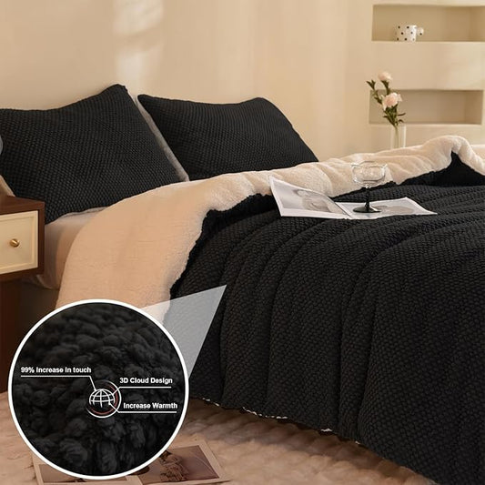 3D Jacquard Design Comforter Set, Ultra-Soft Warm Queen Size Sherpa Fur Plush 3-Pieces Sets Luxury Cozy Bedding with 2 Pillowcases (90"x90", Black)