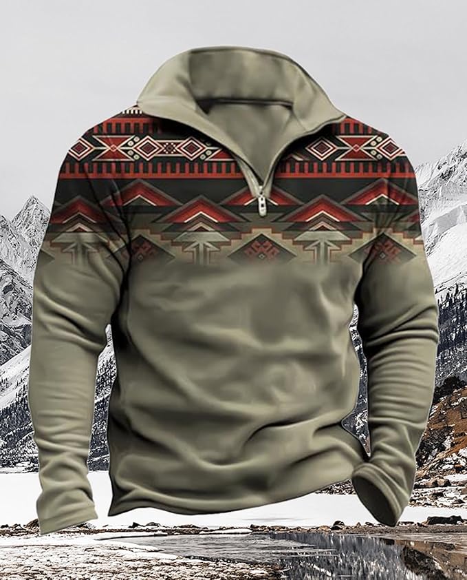 Western Sweatshirts for Men Aztec Cowboy Vintage Graphic Fleece Hoodie Mens Quarter Zip Pullover Country Jacket