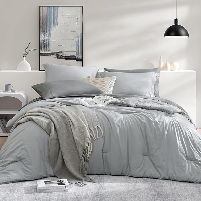 WRENSONGE Full Size Comforter Sets- 7 Pieces Soft Light Grey Bed in a Bag with Fitted Sheet, Flat Sheet, 2 Pillow Shams, 2 Pillowcases, Warm Bedding Sets for All Season
