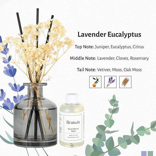 Brakula Reed Diffuser Set, 6.09 fl oz (180 ml)- Lavender Eucalyptus with 8 Reed Sticks, Home Fragrance Reed Diffuser for Bathroom Shelf Decor