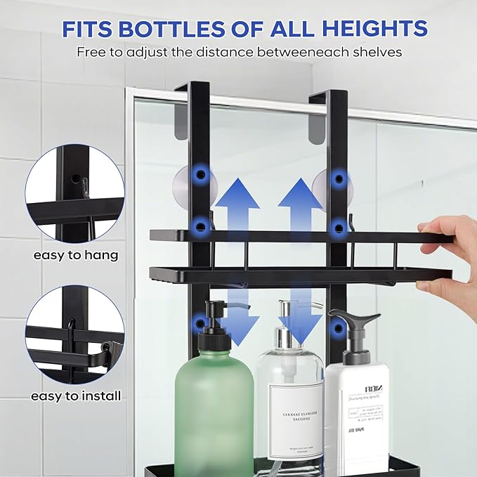 Over the Door Shower Caddy Hanging, Rustproof Shower Shelves with Waterproof Phone Pouch, 3-Tier Adjustable Bathroom Organizers and Storage, No Drilling Shower Shelf, Black Shampoo Soap Holder