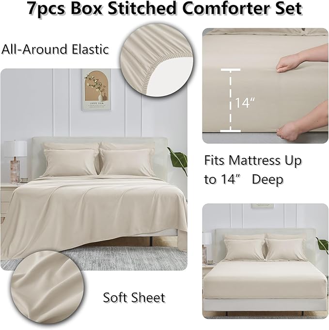 CozyLux Full Size Comforter Sets Beige - 7 Pieces Bed in a Bag Full, Oeko-Tex Certified Bed Set, All Season Soft Bedding Set with Down Alternative Comforter, Sheets, Pillowcases & Pillow Shams