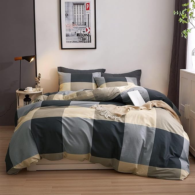 VM VOUGEMARKET Cotton Full Duvet Cover Set,3 Pieces Black Gray Plaid Duvet Cover with 2 Pillowcases Modern Simple Checkered Comforter Cover for Teens Boys Men-80x90 Inch