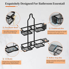 Shower Caddy Hanging Shower Head,Rustproof Hanging Shower Caddy Over Showerhead Bathroom Shower Caddies Shelf Organizer Rack For Sponge,Shampoo,Soap Storage,With Razor-Hooks,Black