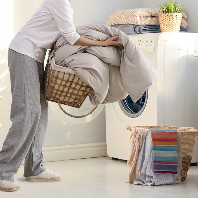 ROSGONIA Queen Comforter Set Linen Grey, 3pcs Queen Size Comforter(1 Boho Gray Comforter & 2 Pillowcases) All Season Lightweight Bedding Blanket Quilt