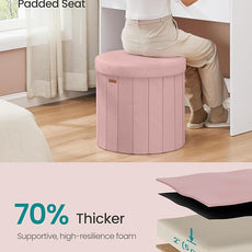 SONGMICS Mazie Collection - Round Storage Ottoman, Folding Footrest Stool with Removable Lid, Easy Assembly, Velvet Vanity Stool for Bedroom, Living Room, Entryway, Jelly Pink ULSF608R01