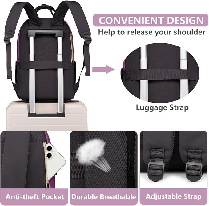Laptop Backpack for Women Work Bag - 15.6 inch Travel Backpack with USB Charger Business Computer Backpacks for Work College Back pack for Teacher Casual Waterproof Bookbag for Nurses Purple