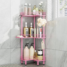 Consumest Corner Shower Caddy Standing - 3-Tier Stainless Steel Shower Organizer with Soap Holder and 4 Hooks, Large Capacity Corner Shelf Stand for Bathroom, Rest Room, Pink