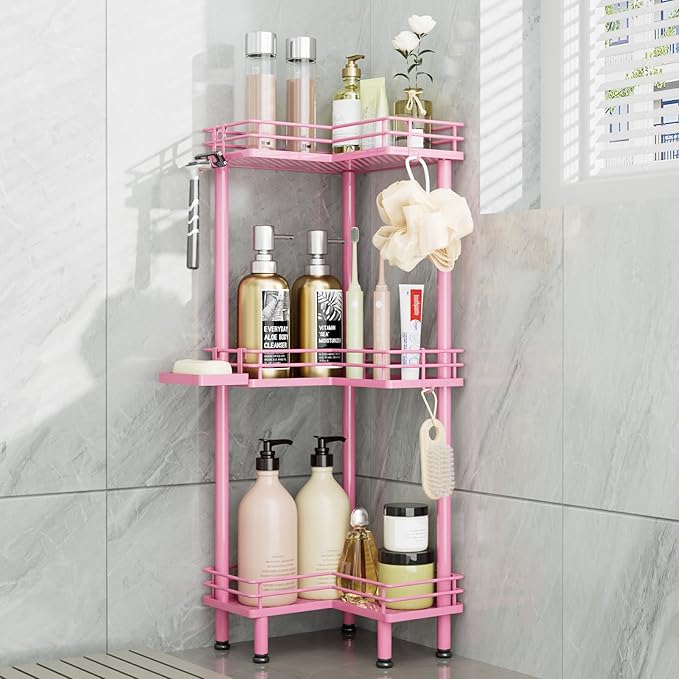 Consumest Corner Shower Caddy Standing - 3-Tier Stainless Steel Shower Organizer with Soap Holder and 4 Hooks, Large Capacity Corner Shelf Stand for Bathroom, Rest Room, Pink