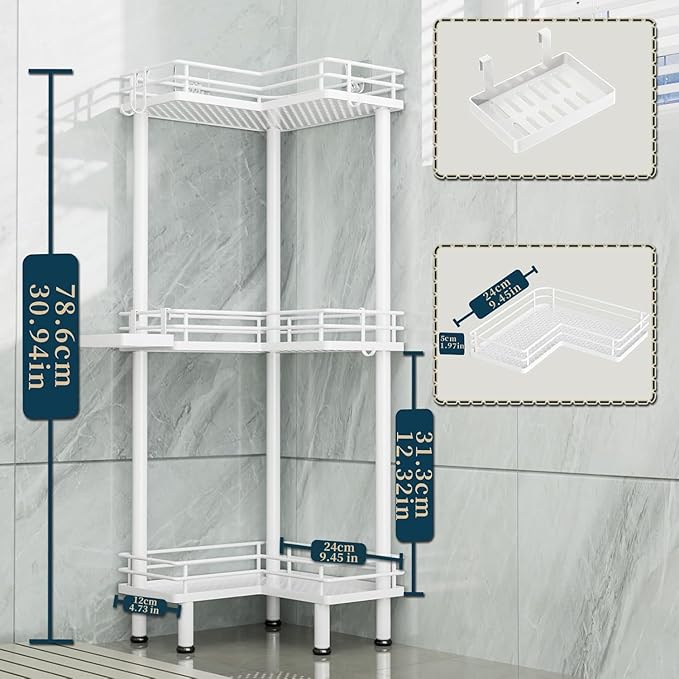Consumest Corner Shower Caddy Standing - 3-Tier Stainless Steel Shower Organizer with Soap Holder and 4 Hooks, Large Capacity Corner Shelf Stand for Bathroom, Rest Room, White