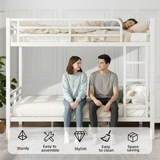 Full Over Full Bunk Bed, Metal Bunk Bed Frame Heavy Duty Bunk Beds Loft Bed Frame with Ladder and Guardrail Metal Slats No Box Spring Required for Adults Teens, White