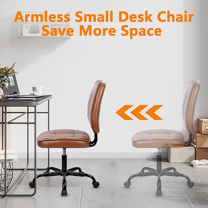 CLATINA Armless Home Office Chair with Lumbar Support and Wheels, Small PU Leather Ergonomic Low Back Desk Chairs No Arms, Adjustable Height 360° Swivel Rolling Computer Task Chair, Brown, 2 Pack