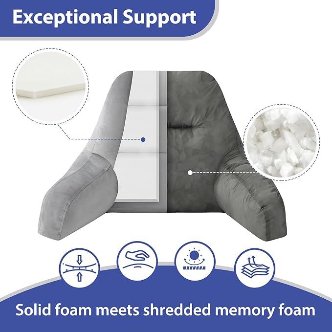 Reading Pillows for Sitting in Bed Adult, Back Pillow for Bed Sitting Up, Backrest Pillows with Shredded Foam for Adult&Teens, Support Pillow with Arms for Beds, Couch, Floor, 24in, Grey