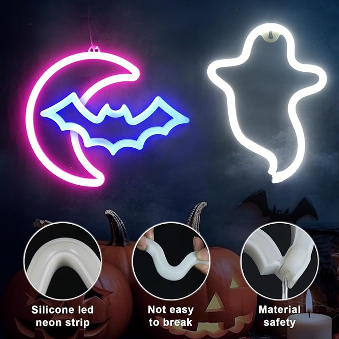 BRIGHTDECK 2 Pack Halloween Neon Signs, White Ghost, Blue Bat Full Moon Neon Lights Decorations, USB/Battery Powered Led Neon Sign for Halloween Wall Decor, Bedroom, Kids Gift, Living Room, Bar, Party (Half Moon)
