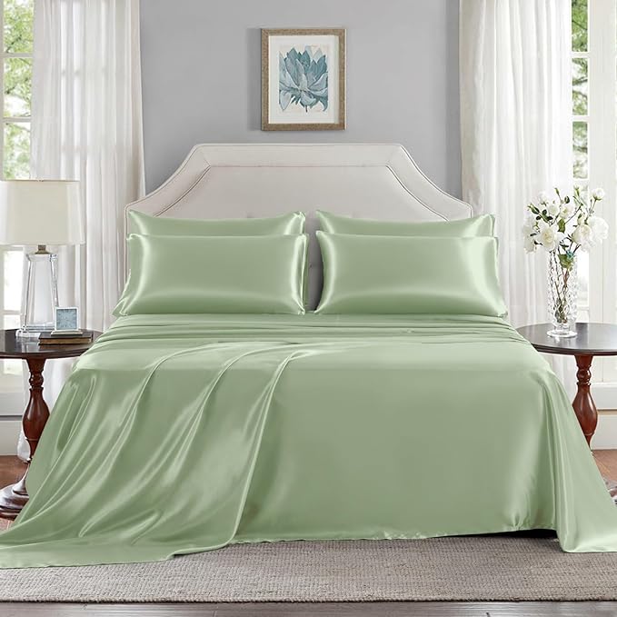 Satin Sheets Queen Size - 6 Pieces Luxury Silky Soft Bed Sheets, Wrinkle-Free Sage Green Satin Silk Sheet Set with 1 Deep Pocket Fitted Sheet, 1 Flat Sheet, 4 Pillow Cases
