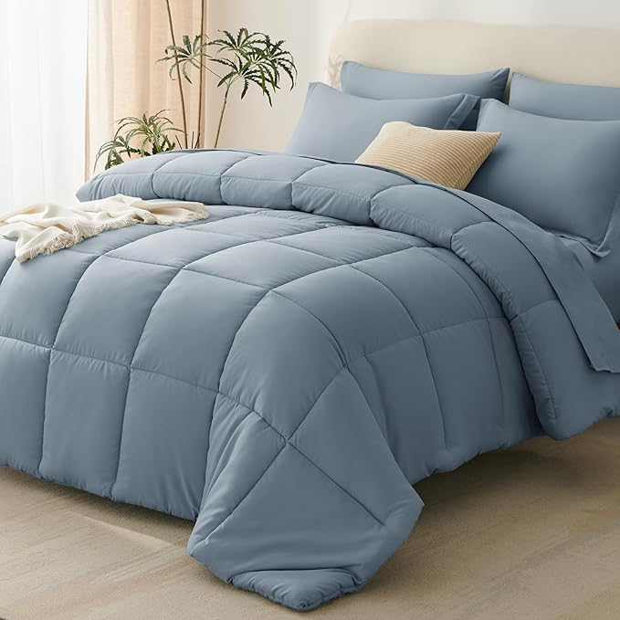 CozyLux Full Size Comforter Sets Grayish Blue - 7 Pieces Bed in a Bag Full, Oeko-Tex Certified Bed Set, All Season Soft Bedding Set with Down Alternative Comforter, Sheets, Pillowcases & Pillow Shams