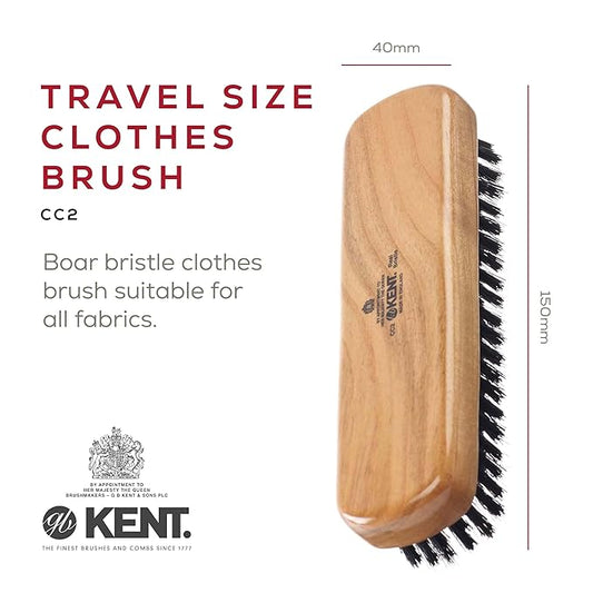 Kent CC2 Finest 100% Handcrafted Black Boar Bristle Cherrywood Clothes Brush and Travel Size Lint Remover for Cashmere, Wool, and Silk - Sweater Fuzz Remover, Suede Brush, lint Remover for Pet Hair