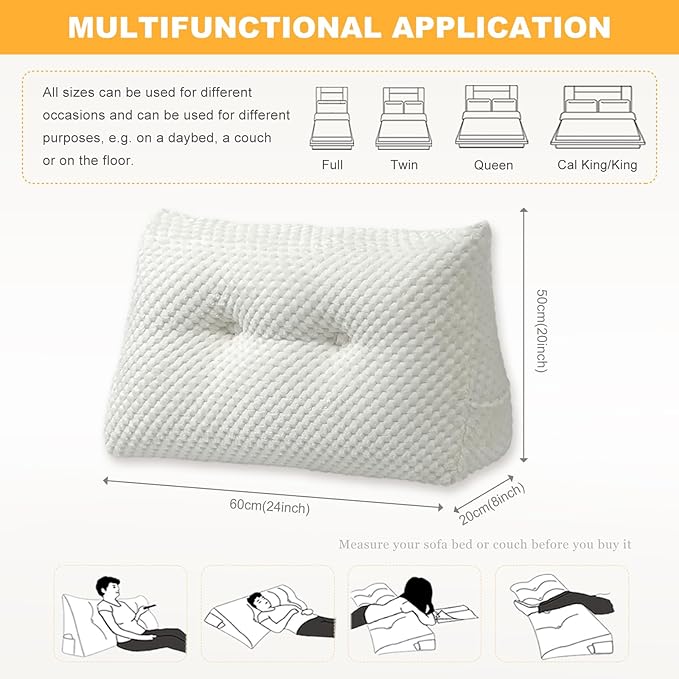 Large Triangular Headboard Wedge Pillow Soft and Supportive Headboard Backrest Positioning Support Bolster Cushion, Bed Wedge Pillow with Removable Cover(White,Dorm,24x8x20inch)