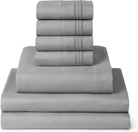 Mellanni Split King Sheet Set - 7-Piece Iconic Collection Bedding, (Including 4 Pillowcases), 16-Inch Deep Pocket, Easy Care, Extra Soft, Cooling Sheets, Brushed Microfiber - Light Gray