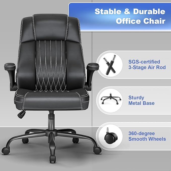 ZZH Ergonomic Office Chair High Back with Lumbar Support, Leather Executive Desk Chair, Flip-Up Arms, 360° Swivel & Height Adjustable, 1PC, Black