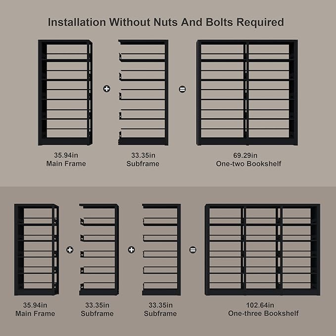 5-Tier Bookshelf, Black Bookcase with Adjustable Storage Shelves, Freestanding Bookcases and Bookshelves, Wide Bookshelf for Home Office, Living Room, Bed Room, Including Book Stopper (Black)