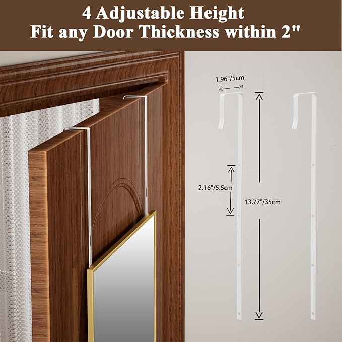 VooBang 14" x 48" Adjustable Height Over The Door Mirror - Rectangular Full Length Hanging Door Mirror with Shatterproof Tempered Glass Gold Metal Frame for Dormitory