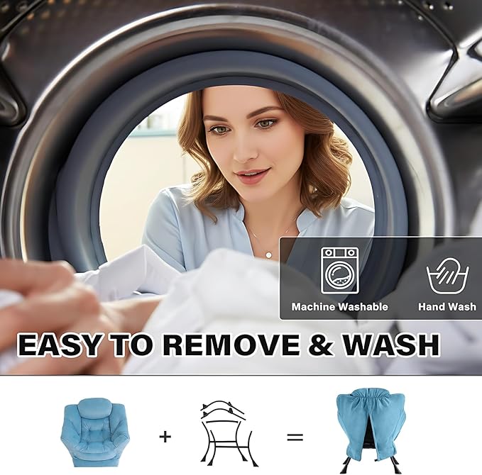 Tiita Lazy Chair with Ottoman, Modern Large Accent Lounge Armchair, Comfy Leisure Sofa Reading Chair with Footrest for Bedroom, Living Room, Dorm Rooms, Garden and Courtyard, Velvet Light Blue