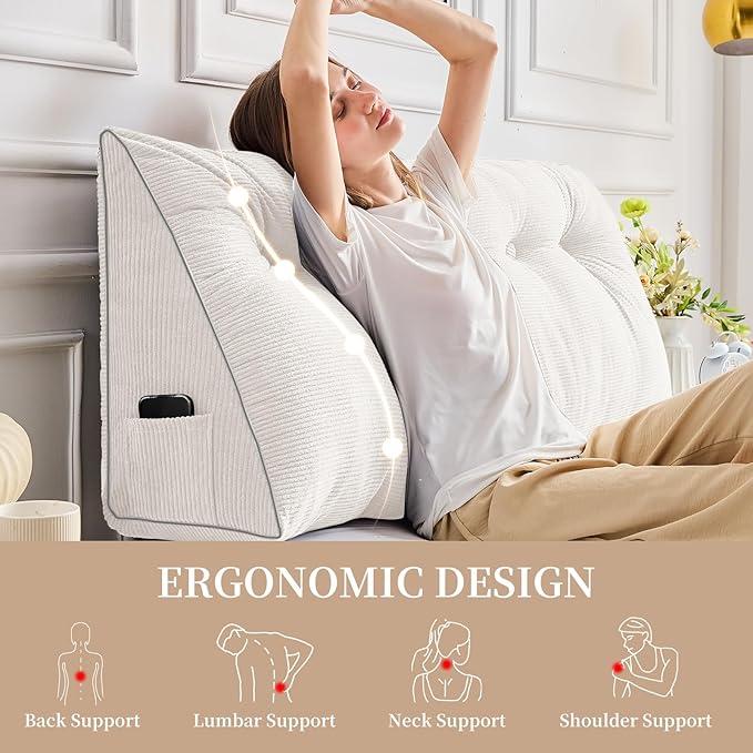 Sasttie Headboard Pillow Twin/Twin XL, Wedge Pillow Headboard for Dorm, Triangular Daybed Backrest Cushion for Sitting or Reading in Bed, with Removable Washable Cover, White