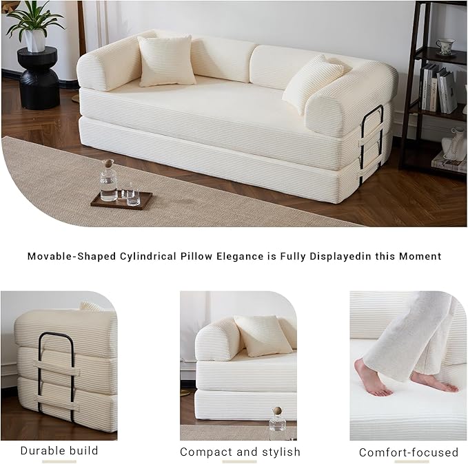 Compressed Sofa, Convertible Sofa Bed, Corduroy Compression Boneless Couch with Pillow, Comfy Modular Foldable Floor Sleeper Sofa for Bedroom, Living Room, Lounge, Studio (White)