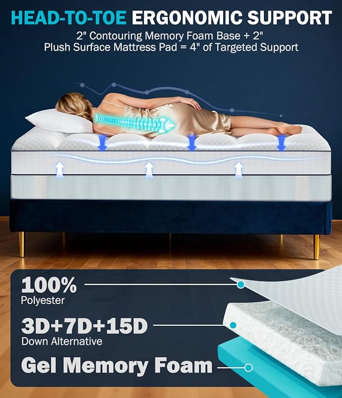 Dual Layer 4 Inch Memory Foam Mattress Topper King Size, 2" Cooling Gel Memory Foam & 2" Pillow Top, Mattress Pad Cover for Back Pain Relief, CertiPUR-US Certified, Deep Pocket Fits 21", White