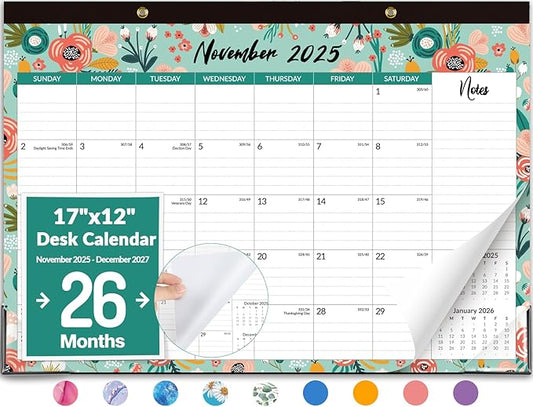 Forvencer Desk Calendar 2026, 26 Months Calendar Runs from November 2025 to December 2027, 17" x 12" Large 2026 Wall Calendar Monthly Planner with Plastic Cover for Home School Office