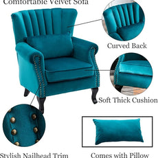 Velvet Accent Chairs Set of 2 with Arm Comfy Living Room Chair Mid-Century Modern Wingback Side Chair Single Sofa Couch for Bedroom Guest Room, Teal Blue