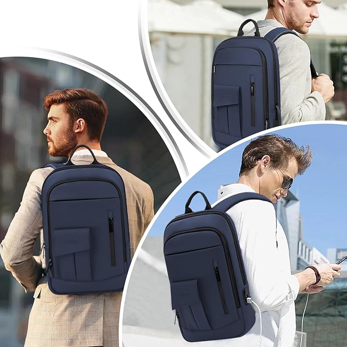 Business Backpack for Men Slim Lightweight Laptop Backpack for 17.3 Inch Computer Water Resistant Small Office Backpack for Commute Travel Daily Office Work with Small Bag (Blue)