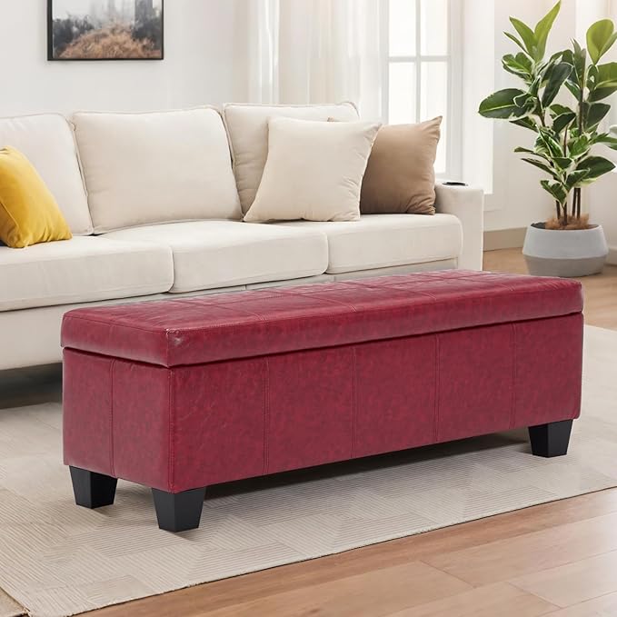 Faux Leather Storage Ottoman Bench with Hinged Lid,42 Inch Large Rectangular Footrest Stool for Bedroom End of Bed, Entryway and Living Room, Padded Seat Shoe Bench, Wine Red