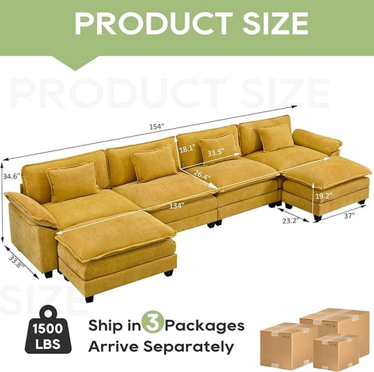 154" Modular Sectional Sofa, Comfy Cloud Couch Sectional Sofa with Ottoman, Chenille Sofa Sleeper Deep Seat Sofa with Throw Pillows for Living Room (Yellow, 154"- U Shape)