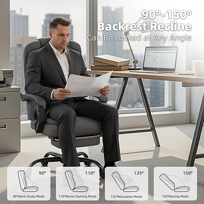 Office Chair, Ergonomic Fabric Gaming Chair for Adults, Comfy Reclining Computer Chair with Foot Rest, Adjustable Swivel Desk Chair, Executive Gamer Chair, Comfortable Silla Oficina for Home & Game
