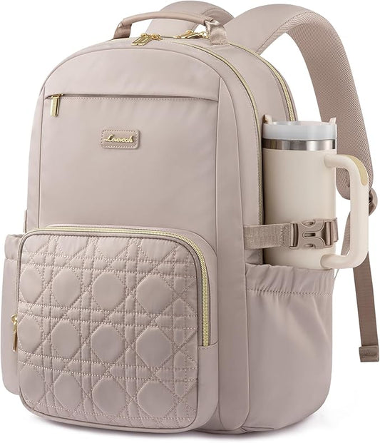 LOVEVOOK Laptop Backpack for Women with Pouch Pocket for Large Capacity Cup,18 Inch Teacher Nurse College Work Backpack Purse,Waterproof Laptop Bag Computer Back Pack for Travel, Nude+Wicker pattern