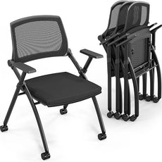 VINGLI 4 Pack Stackable Conference Room Chairs with Wheels, Folding Office Chair with Rebound Back, Padded Seat for Training Room, Guest, Reception, Event, Capacity 350lbs, Black