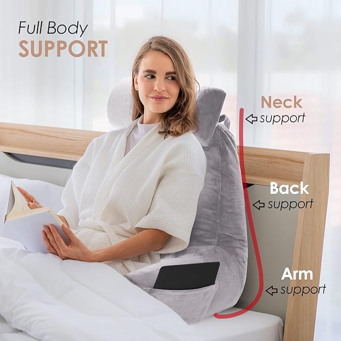Nestl Reading Pillow with Shredded Memory Foam Includes 2 Neck and Lumber Support Pillows, Designed for Sitting Up in Bed and Couch, Back and Arms Adjustable Support for Adult & Teens, Grey Lavender