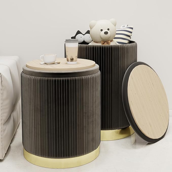 Twira Round Ottoman with Storage Set of 2, Velvet Nesting Ottoman for Living Room,Bedroom,Dorm,RV, Flip-up Lid Coffee Table, Upholstered Makeup Vanity Stool,Multifunctional Foot Rest 330lbs Load Black