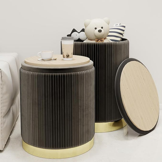 Twira Round Ottoman with Storage Set of 2, Velvet Nesting Ottoman for Living Room,Bedroom,Dorm,RV, Flip-up Lid Coffee Table, Upholstered Makeup Vanity Stool,Multifunctional Foot Rest 330lbs Load Black