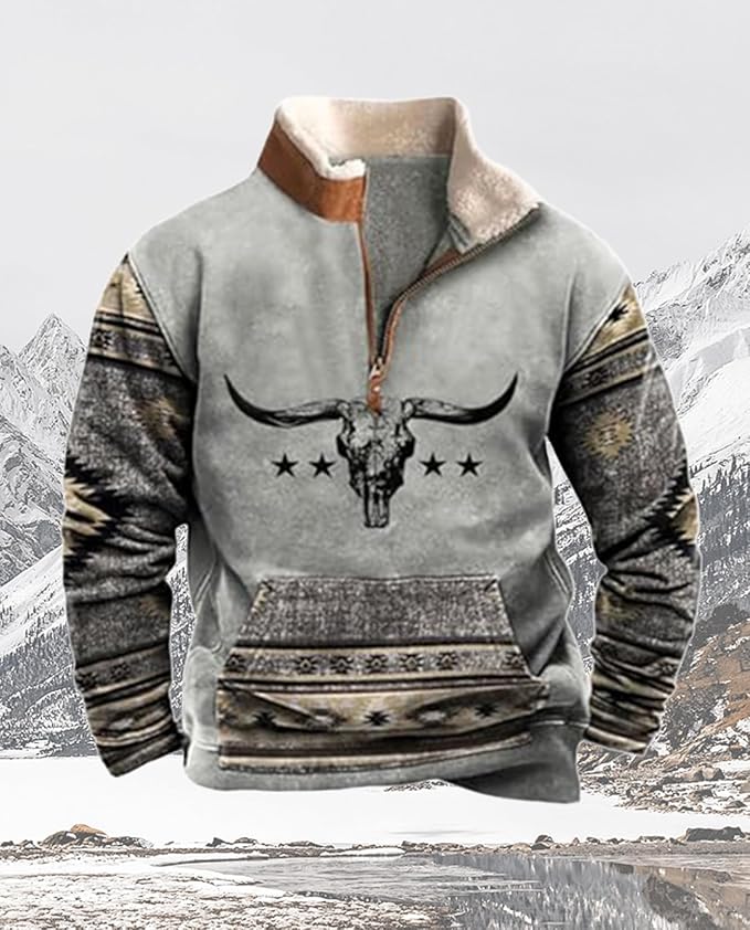 Western Sweatshirts for Men Aztec Cowboy Vintage Graphic Fleece Hoodie Mens Quarter Zip Pullover Country Jacket