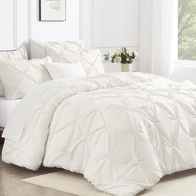 Andency Ivory Queen Comforter Set, 3 Piece All Season Decorative Pintuck Bedding Comforter & Sets, Ivory Soft Microfiber Lightweight Washable Bed Set for Queen Size Bed