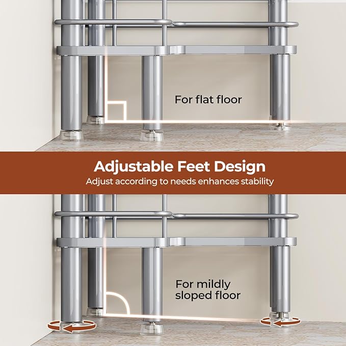 Orimade Rustproof 4 Tier Floor Standing Corner Shower Caddy Organizer with Toothbrush Holder, Large Spacing Floor Shower Shelf Rack Storage Stands with Hooks for Bathroom Kitchen, Silver