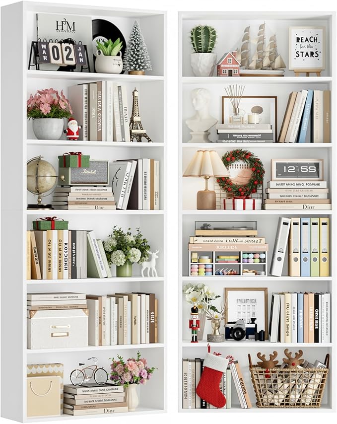 FOTOSOK 6-Tier Open Bookcase and Bookshelf Set of 2, Freestanding Display Storage Shelves Tall Bookcase for Bedroom, Living Room and Office, White