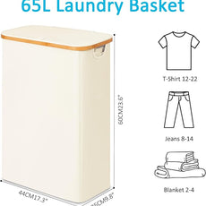 efluky Slim Laundry Basket with Lid, Narrow Laundry Hamper with Removable Bag, Skinny Dirty Clothes Basket with Bamboo Handles for Bathroom, Bedroom & Laundry Room, 65L Beige