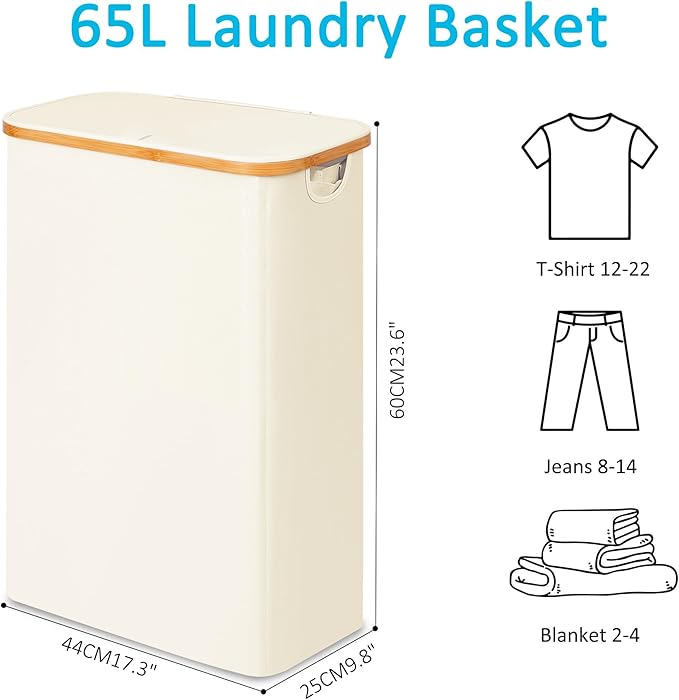 efluky Slim Laundry Basket with Lid, Narrow Laundry Hamper with Removable Bag, Skinny Dirty Clothes Basket with Bamboo Handles for Bathroom, Bedroom & Laundry Room, 65L Beige
